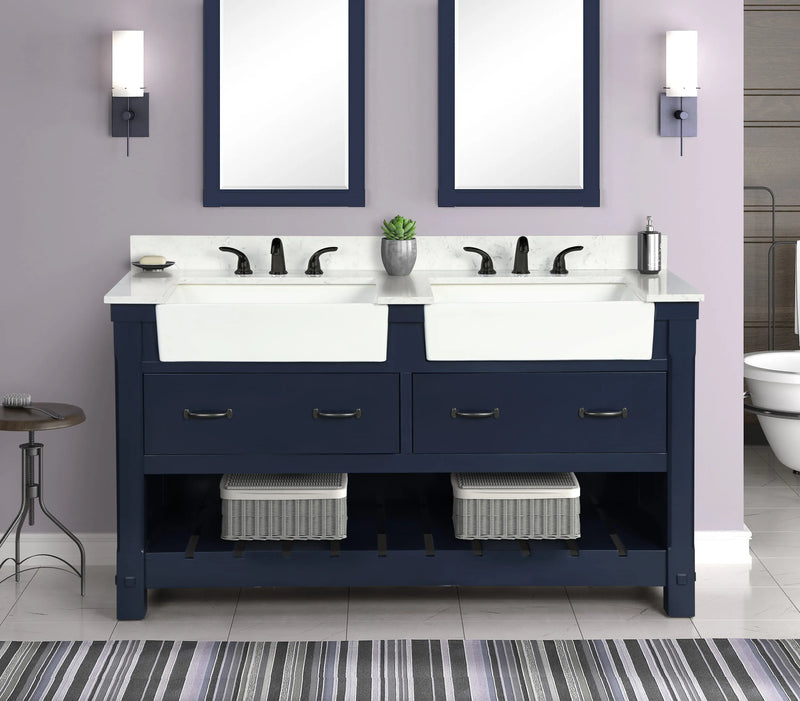 Farmington navy blue 60" Open Shelf Vanity Set with Premium Carrara Marble Top