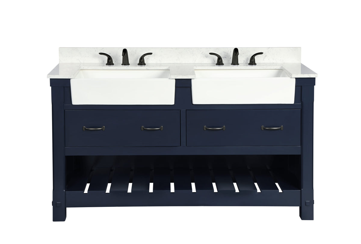 Farmington navy blue 60" Open Shelf Vanity Set with Premium Carrara Marble Top