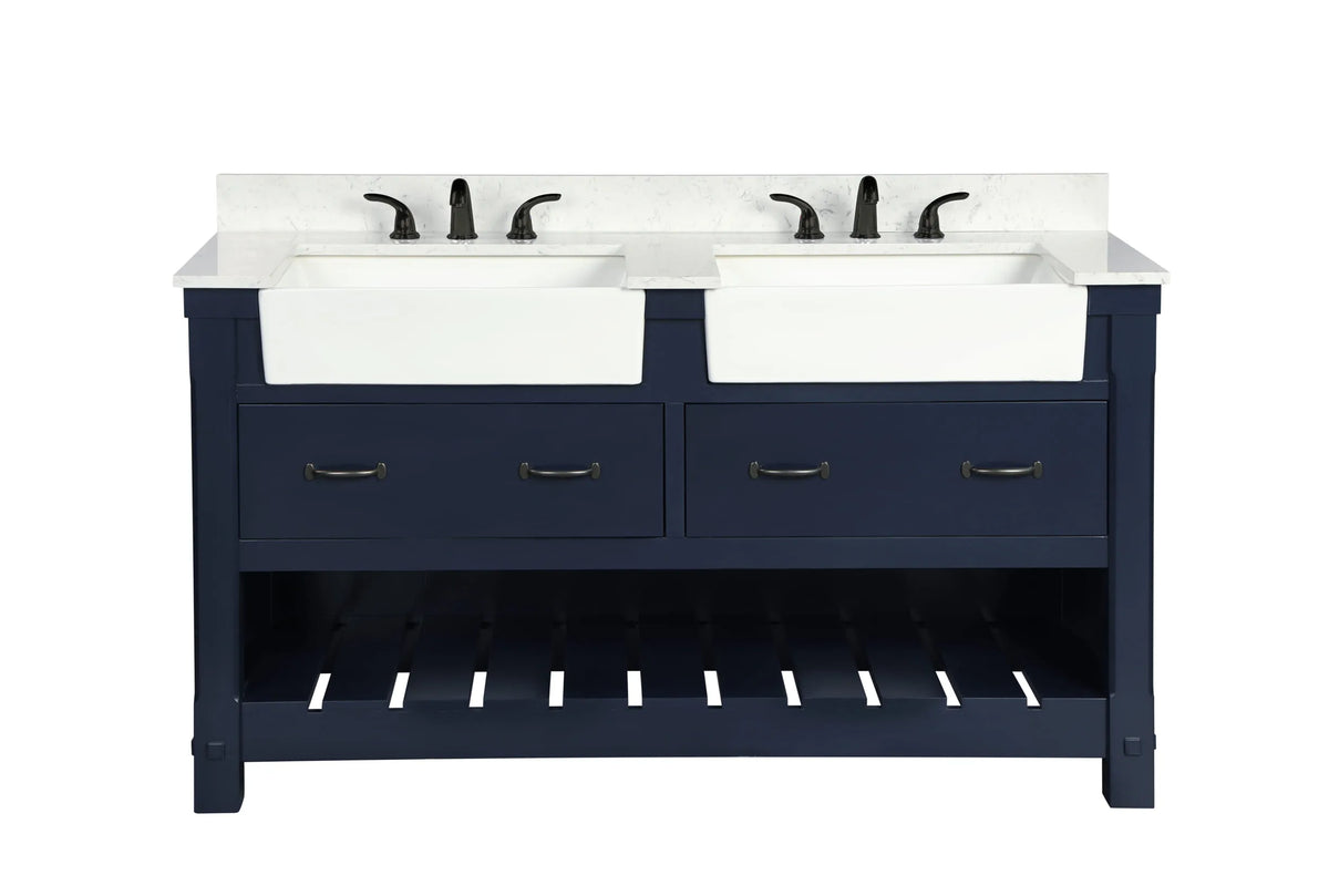 Farmington navy blue 60" Open Shelf Vanity Set with Premium Carrara Marble Top