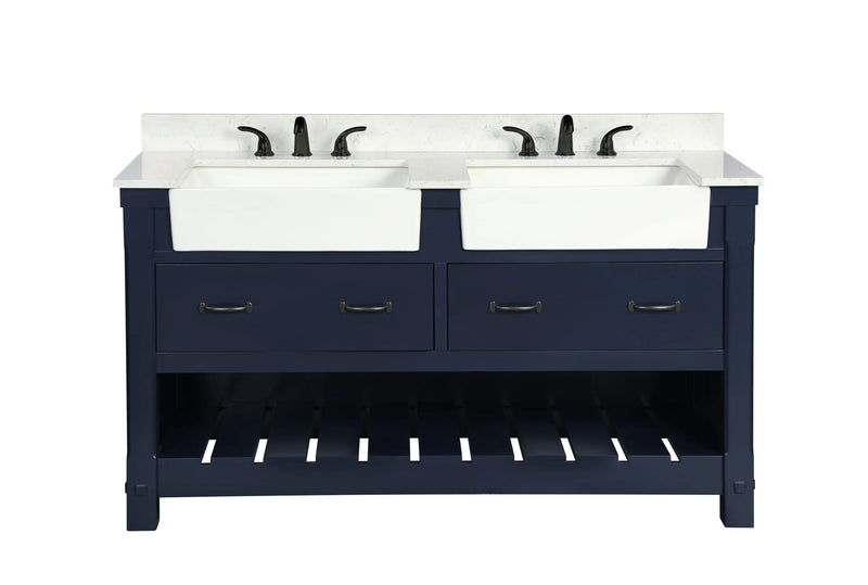 Farmington navy blue 60" Open Shelf Vanity Set with Premium Carrara Marble Top
