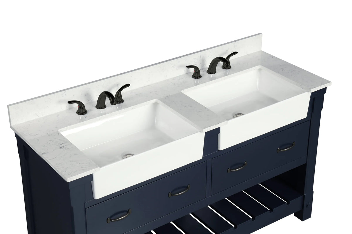 Farmington navy blue 60" Open Shelf Vanity Set with Premium Carrara Marble Top