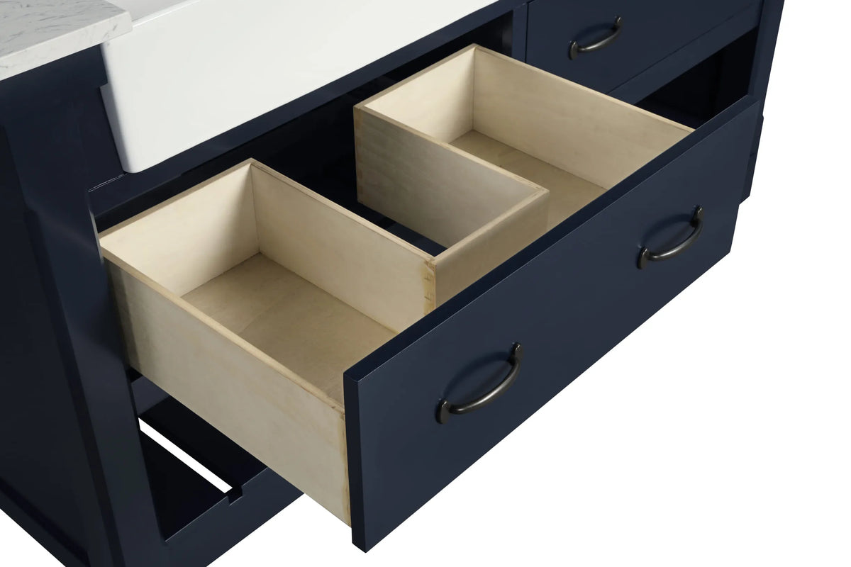 Farmington navy blue 60" Open Shelf Vanity Set with Premium Carrara Marble Top
