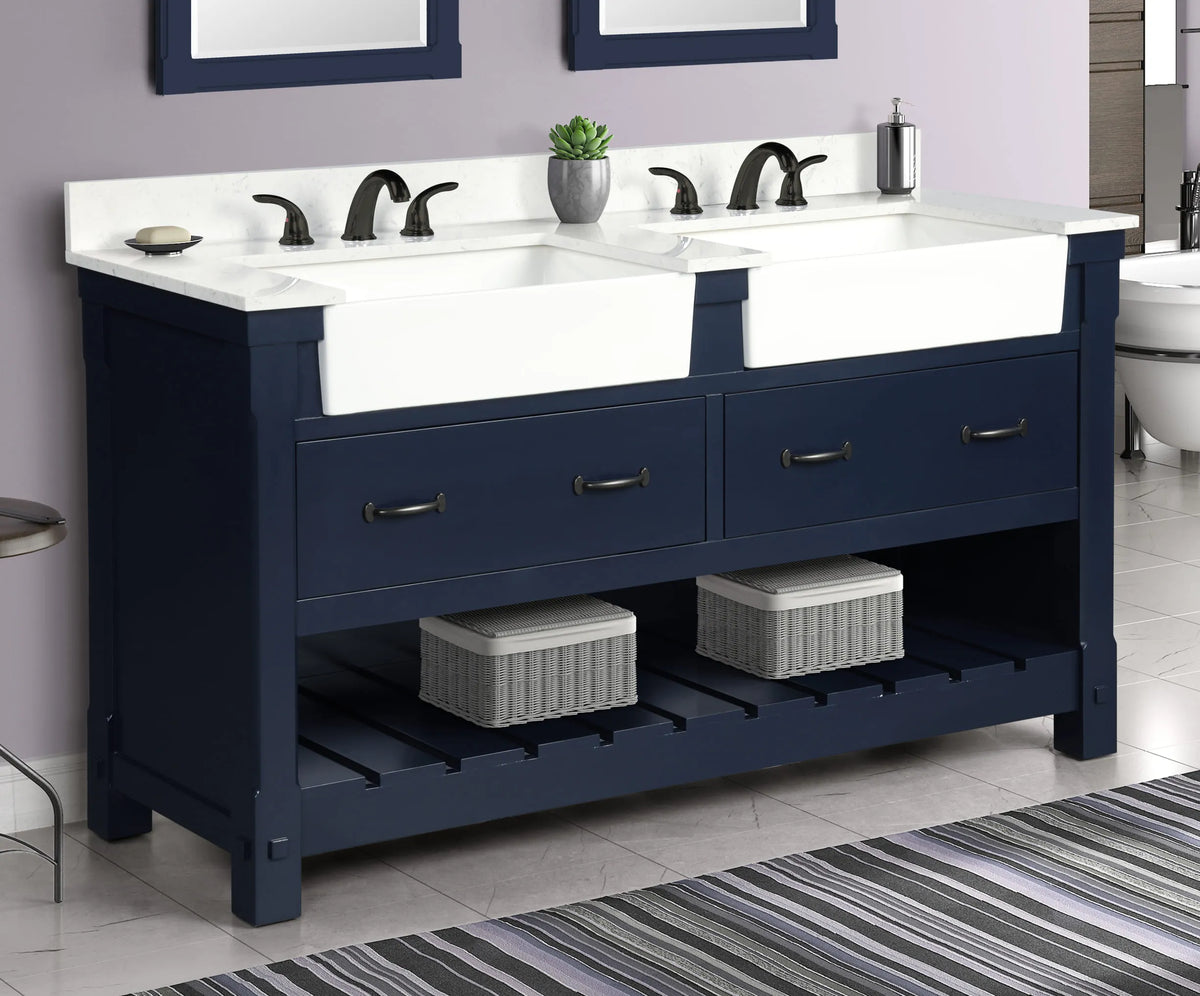 Farmington navy blue 60" Open Shelf Vanity Set with Premium Carrara Marble Top