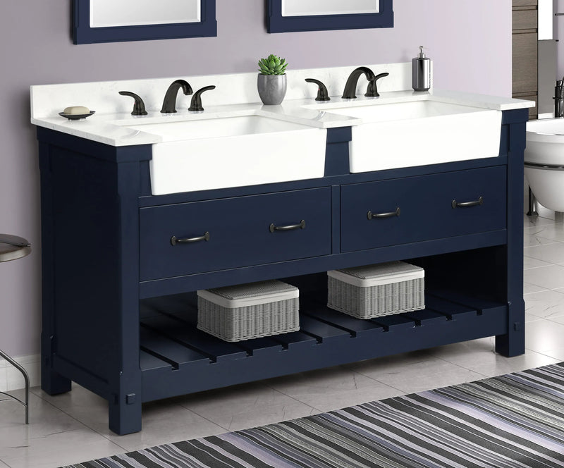 Farmington navy blue 60" Open Shelf Vanity Set with Premium Carrara Marble Top