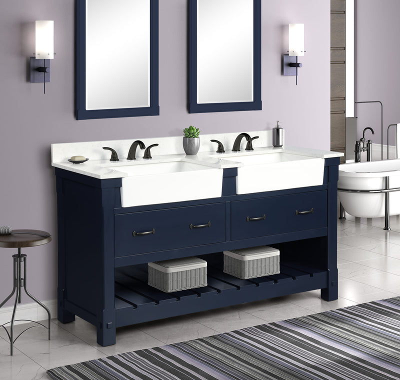 Farmington navy blue 60" Open Shelf Vanity Set with Premium Carrara Marble Top