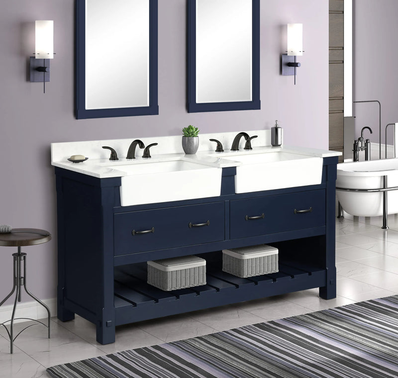 Farmington navy blue 60" Open Shelf Vanity Set with Premium Carrara Marble Top