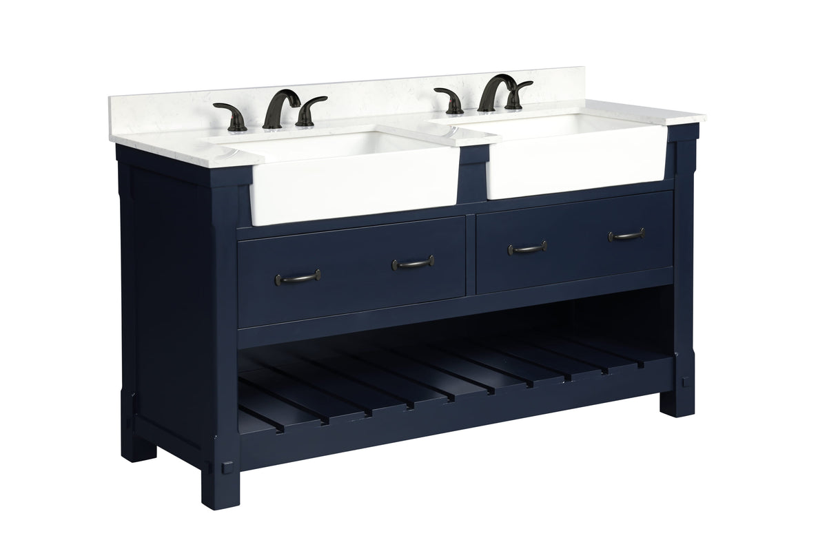 Farmington navy blue 60" Open Shelf Vanity Set with Premium Carrara Marble Top