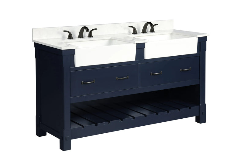 Farmington navy blue 60" Open Shelf Vanity Set with Premium Carrara Marble Top