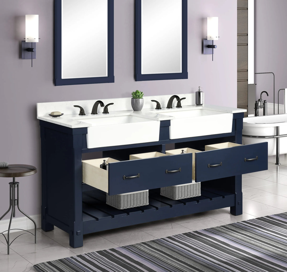 Farmington navy blue 60" Open Shelf Vanity Set with Premium Carrara Marble Top