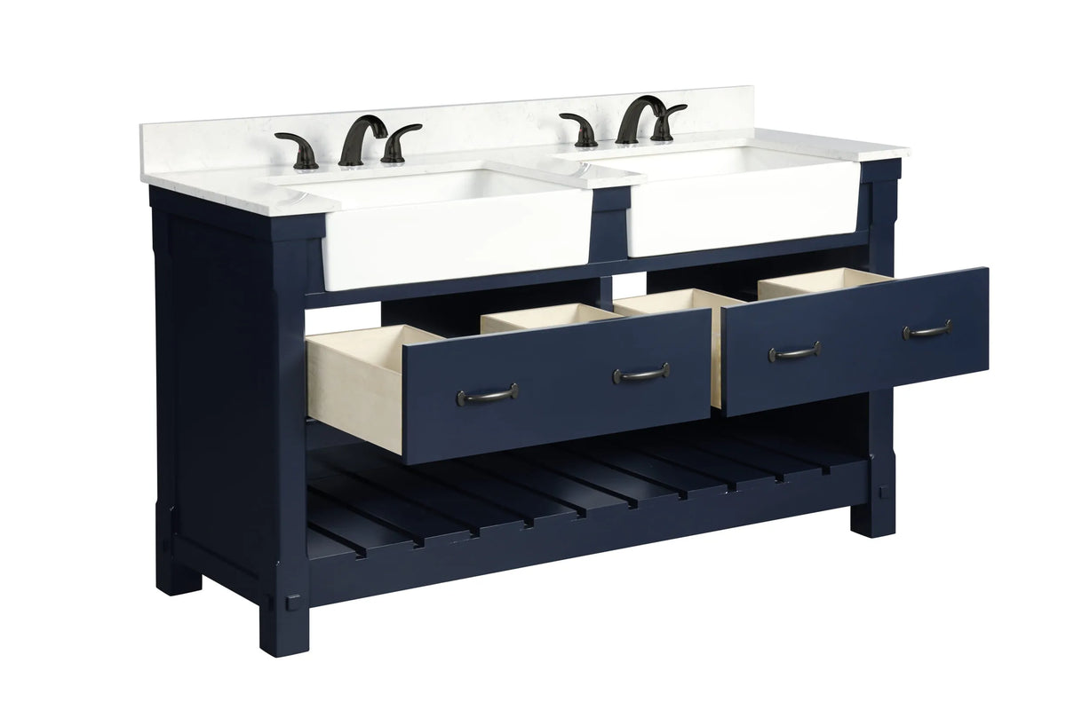 Farmington navy blue 60" Open Shelf Vanity Set with Premium Carrara Marble Top