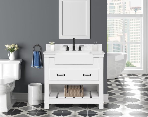 Farmington 36" Open Shelf Vanity Set with Carrara Marble Top