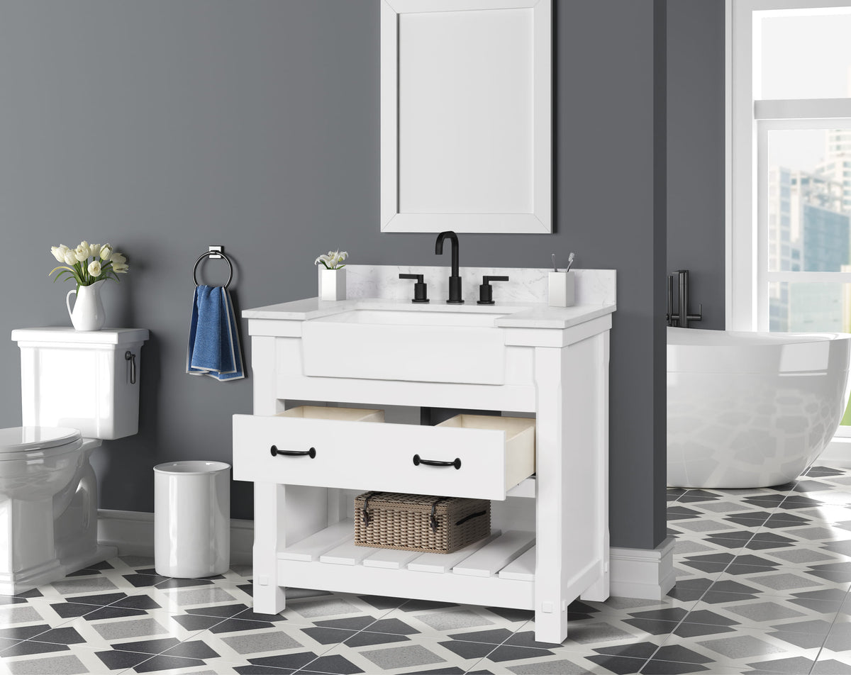 Farmington 36" Open Shelf Vanity Set with Premium Carrara Marble Top
