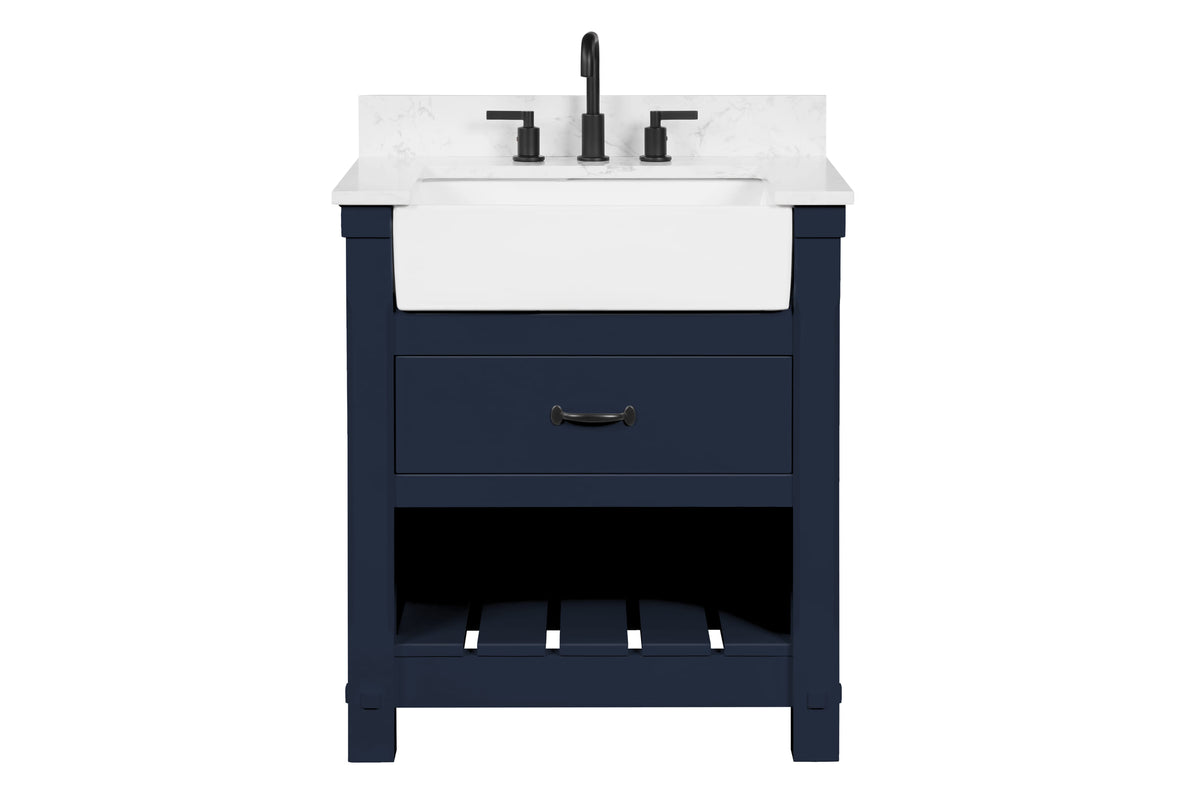 Farmington navy blue 30" Open Shelf Vanity Set with Premium Carrara Marble Top