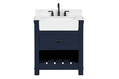 Farmington navy blue 30" Open Shelf Vanity Set with Premium Carrara Marble Top