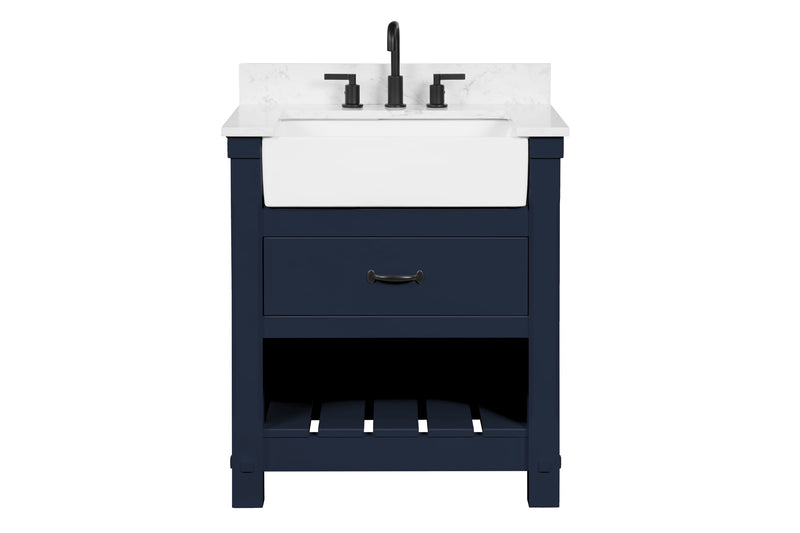 Farmington navy blue 30" Open Shelf Vanity Set with Premium Carrara Marble Top