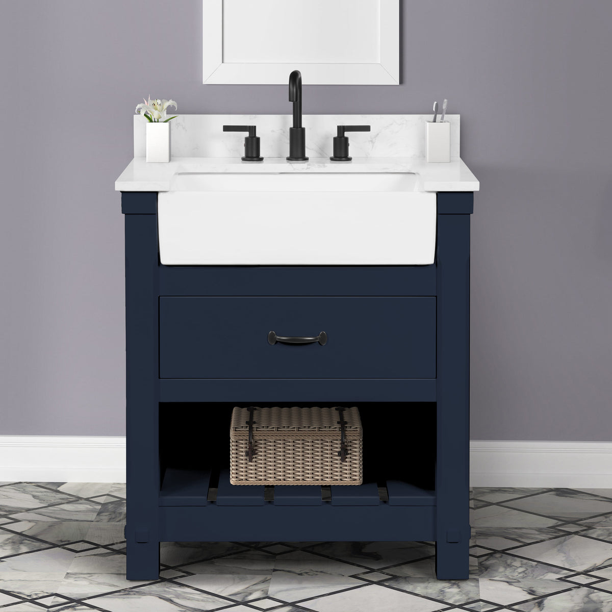 Farmington navy blue 30" Open Shelf Vanity Set with Premium Carrara Marble Top