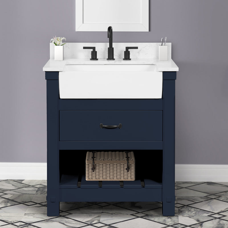 Farmington navy blue 30" Open Shelf Vanity Set with Premium Carrara Marble Top