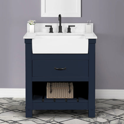 Farmington navy blue 30" Open Shelf Vanity Set with Premium Carrara Marble Top