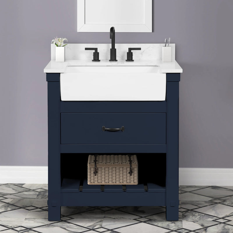 Farmington navy blue 30" Open Shelf Vanity Set with Premium Carrara Marble Top