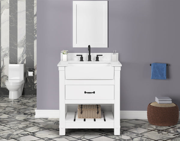 Farmington 30" Open Shelf Vanity Set with Carrara Marble Top