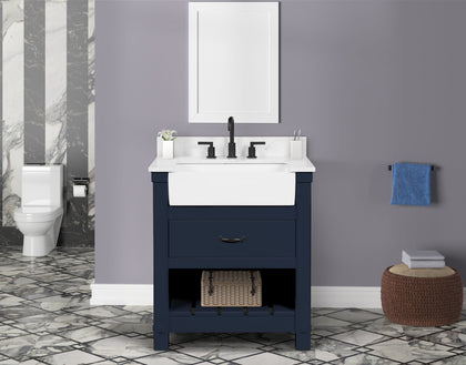 Farmington navy blue 30" Open Shelf Vanity Set with Premium Carrara Marble Top