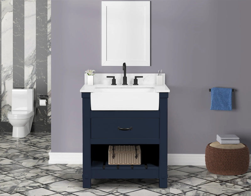 Farmington navy blue 30" Open Shelf Vanity Set with Premium Carrara Marble Top