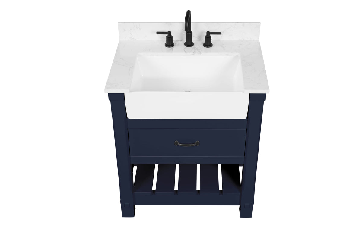 Farmington navy blue 30" Open Shelf Vanity Set with Premium Carrara Marble Top