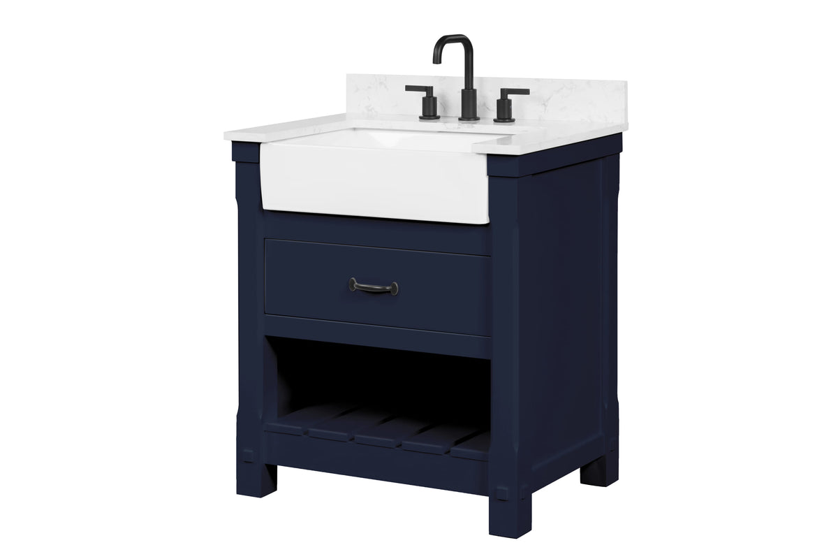 Farmington navy blue 30" Open Shelf Vanity Set with Premium Carrara Marble Top