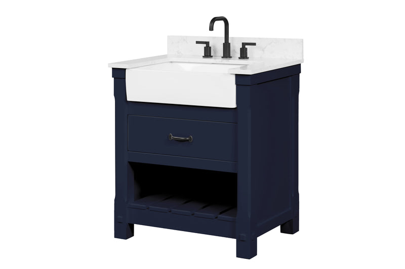 Farmington navy blue 30" Open Shelf Vanity Set with Premium Carrara Marble Top