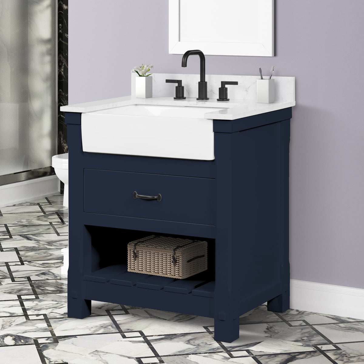 Farmington navy blue 30" Open Shelf Vanity Set with Premium Carrara Marble Top