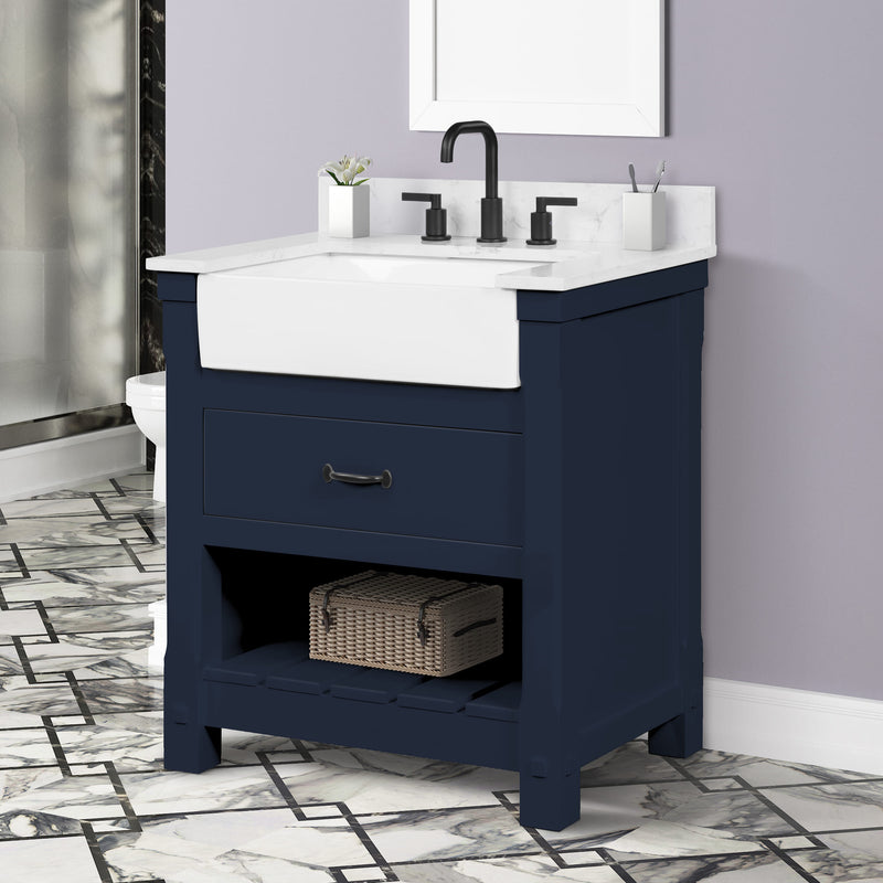 Farmington navy blue 30" Open Shelf Vanity Set with Premium Carrara Marble Top