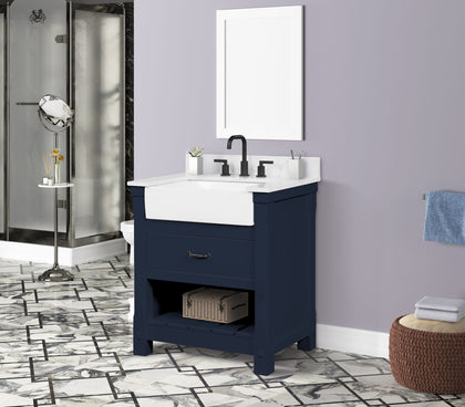 Farmington navy blue 30" Open Shelf Vanity Set with Premium Carrara Marble Top