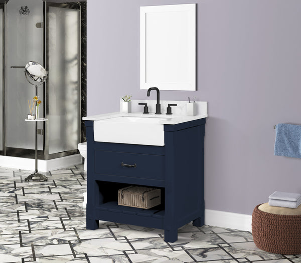 Farmington navy blue 30" Open Shelf Vanity Set with Premium Carrara Marble Top