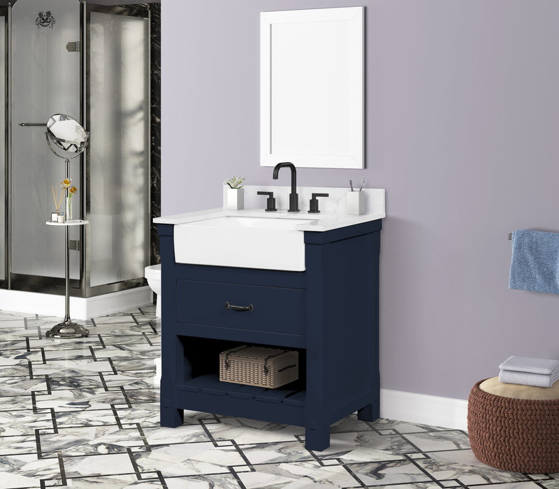 Farmington navy blue 30" Open Shelf Vanity Set with Premium Carrara Marble Top
