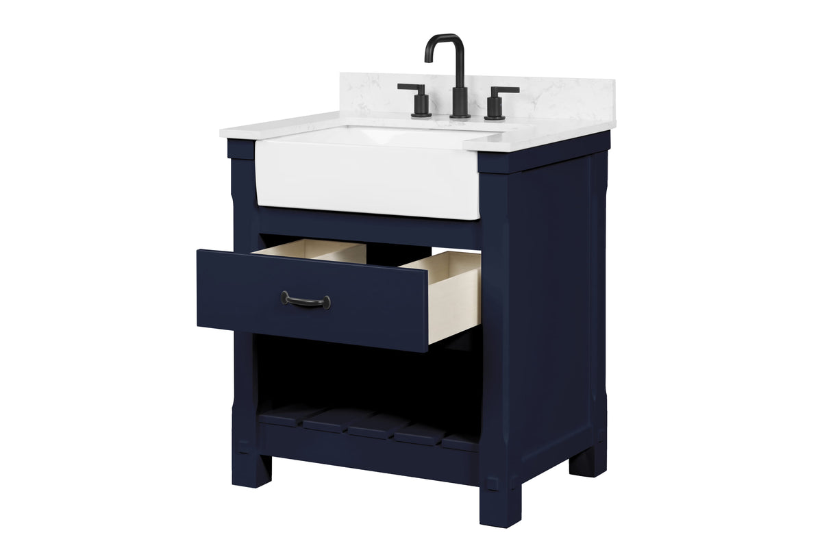 Farmington navy blue 30" Open Shelf Vanity Set with Premium Carrara Marble Top