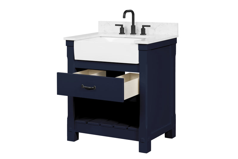 Farmington navy blue 30" Open Shelf Vanity Set with Premium Carrara Marble Top