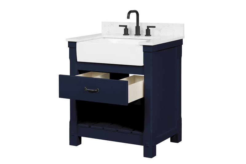 Farmington navy blue 30" Open Shelf Vanity Set with Premium Carrara Marble Top