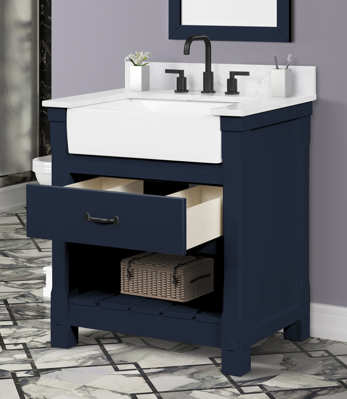 Farmington navy blue 30" Open Shelf Vanity Set with Premium Carrara Marble Top