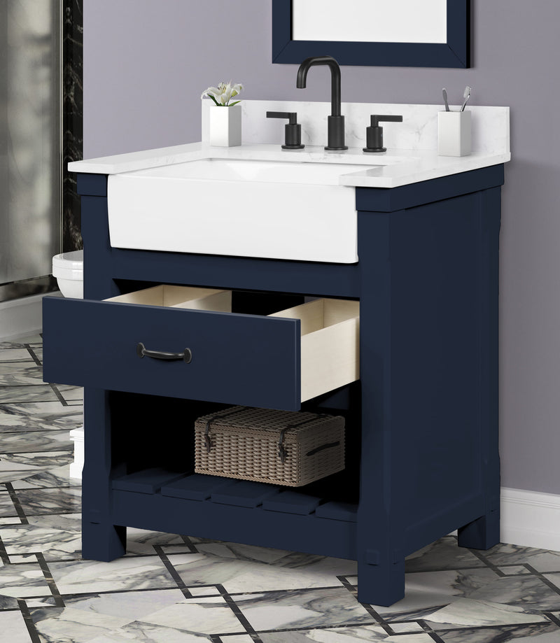Farmington navy blue 30" Open Shelf Vanity Set with Premium Carrara Marble Top