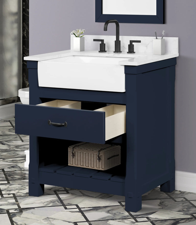 Farmington navy blue 30" Open Shelf Vanity Set with Premium Carrara Marble Top