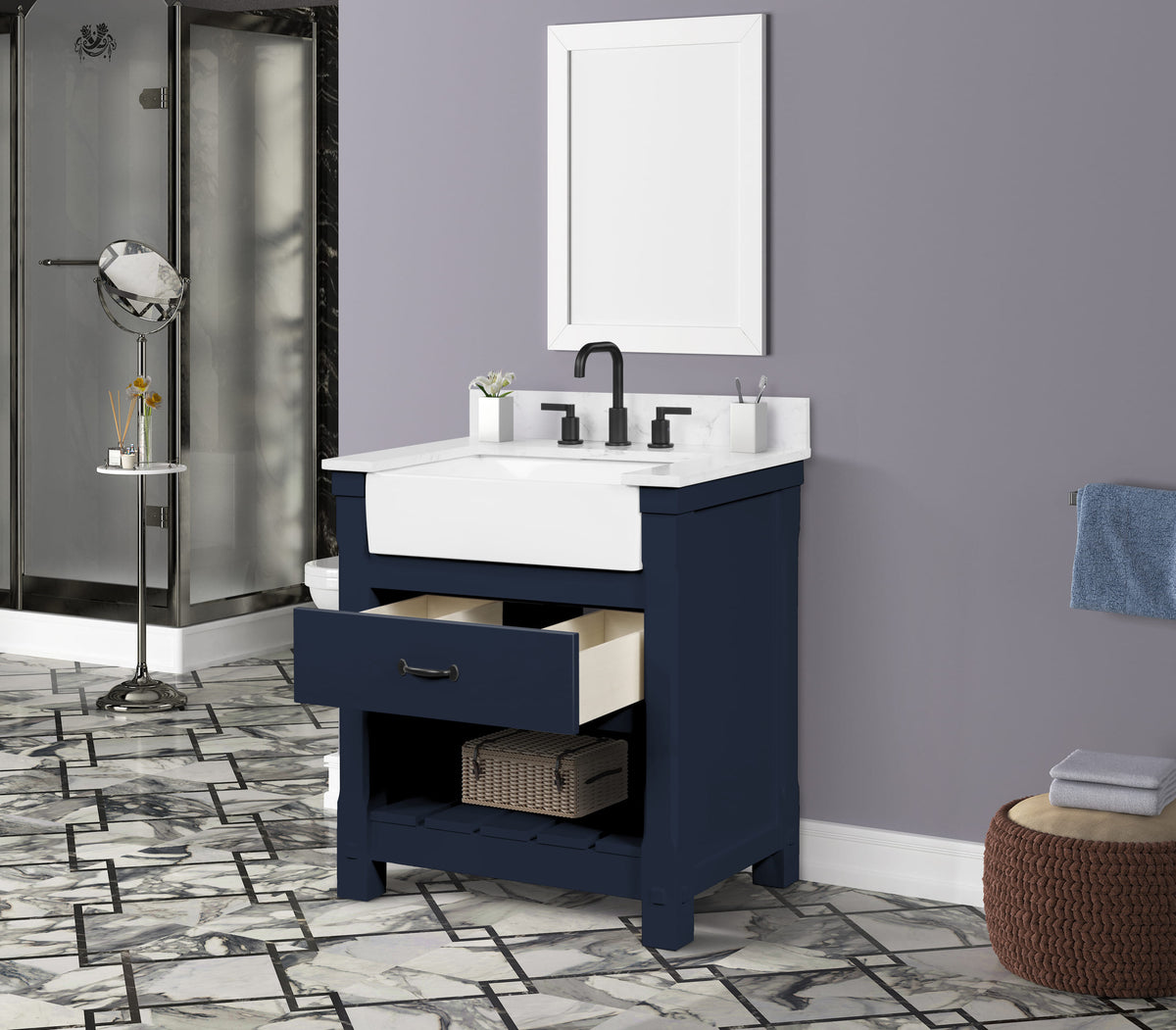 Farmington navy blue 30" Open Shelf Vanity Set with Premium Carrara Marble Top