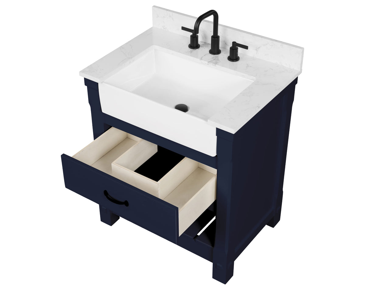 Farmington navy blue 30" Open Shelf Vanity Set with Premium Carrara Marble Top