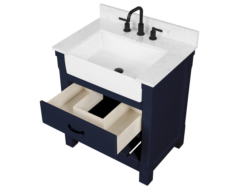 Farmington navy blue 30" Open Shelf Vanity Set with Premium Carrara Marble Top