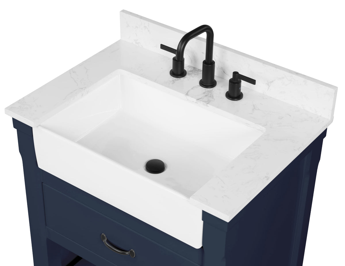 Farmington navy blue 30" Open Shelf Vanity Set with Premium Carrara Marble Top