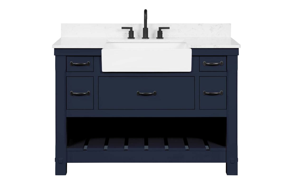 Farmington navy blue 48" Open Shelf Vanity Set with Premium Carrara Marble Top