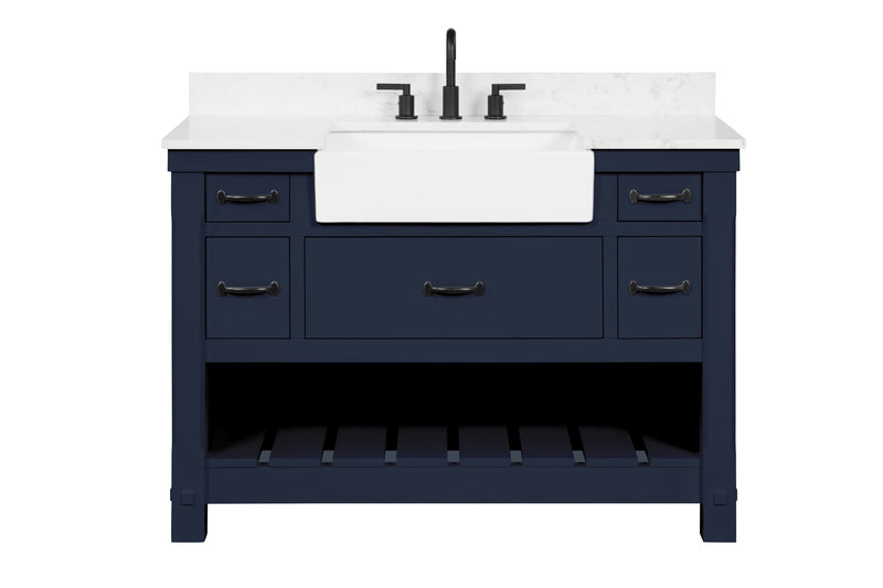 Farmington navy blue 48" Open Shelf Vanity Set with Premium Carrara Marble Top