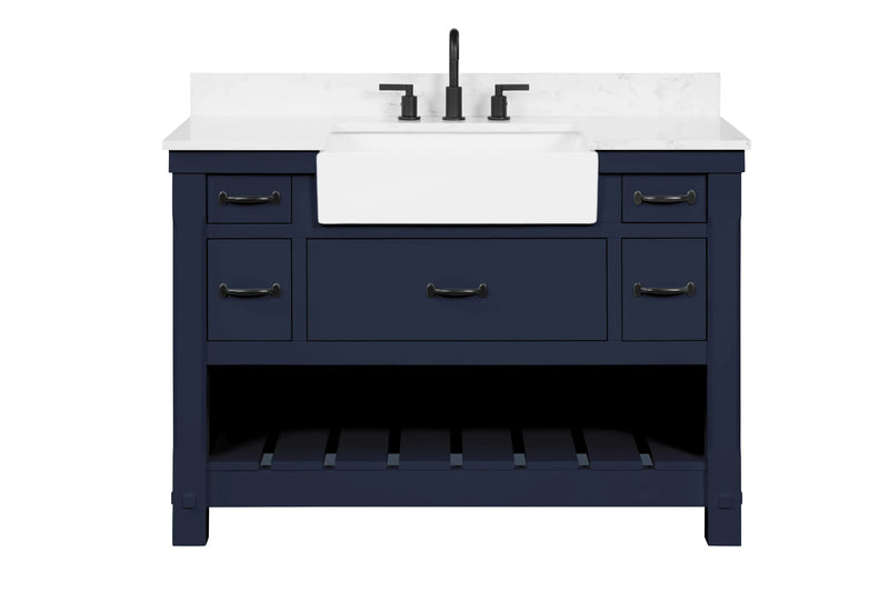 Farmington navy blue 48" Open Shelf Vanity Set with Premium Carrara Marble Top