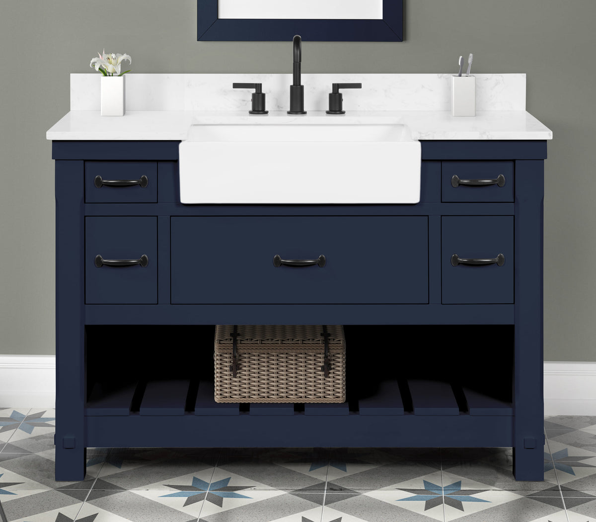 Farmington navy blue 48" Open Shelf Vanity Set with Premium Carrara Marble Top