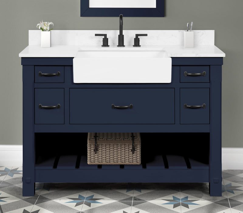 Farmington navy blue 48" Open Shelf Vanity Set with Premium Carrara Marble Top
