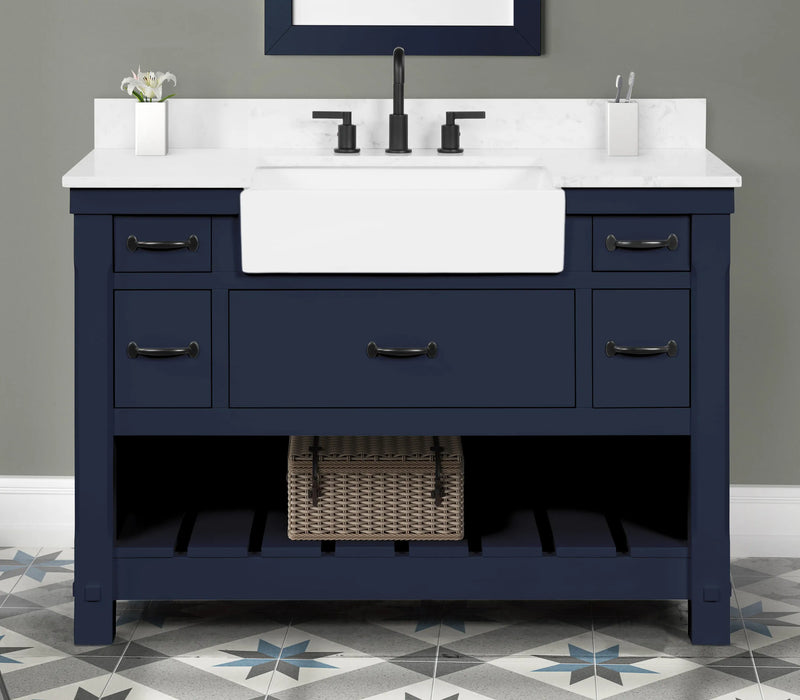 Farmington navy blue 48" Open Shelf Vanity Set with Premium Carrara Marble Top